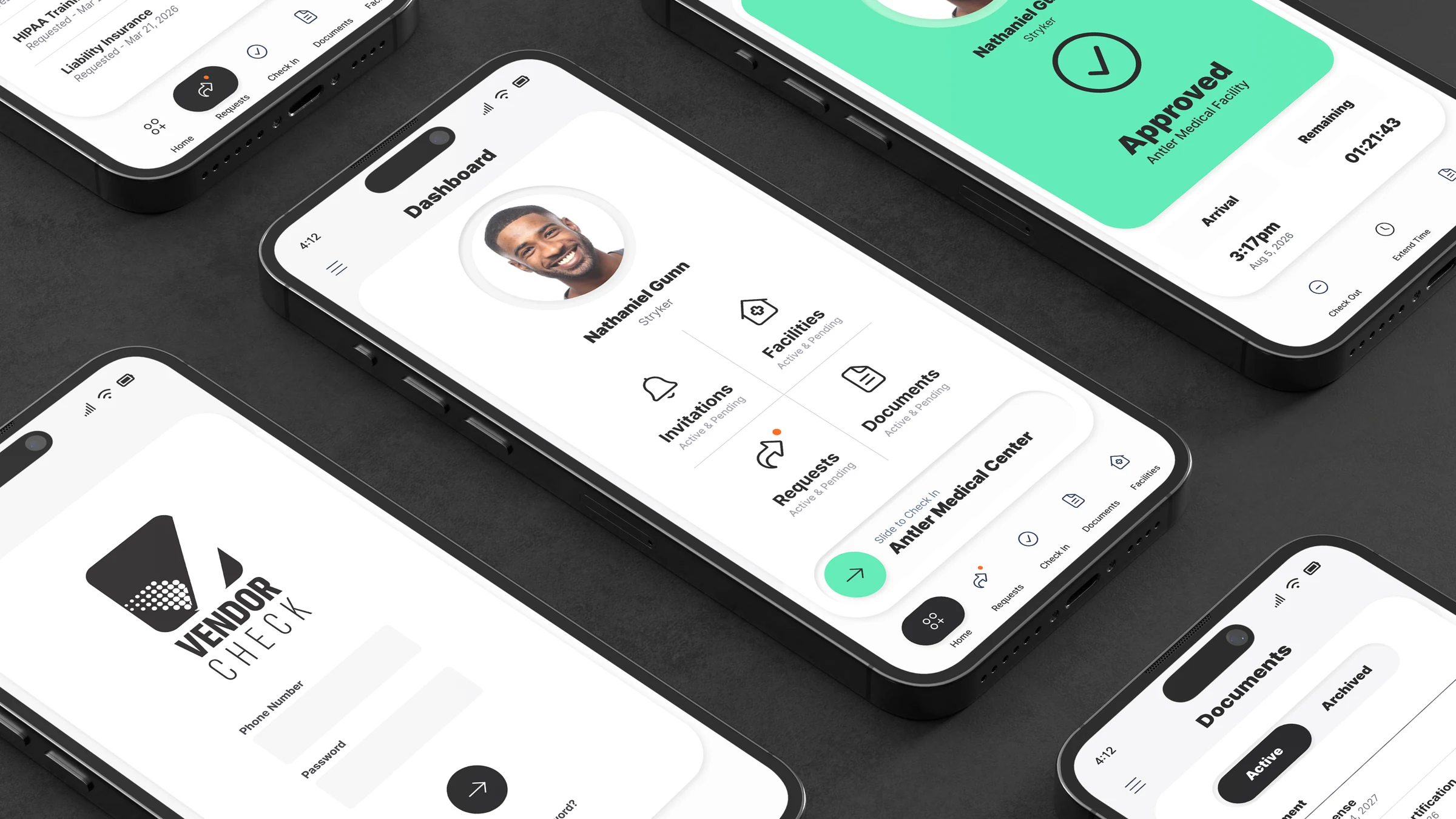 Vendor Check dashboard, approved check-in, documents, and sign-in screens shown on phones