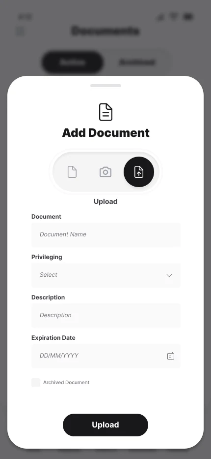 Add Document sheet over the dimmed Documents screen
