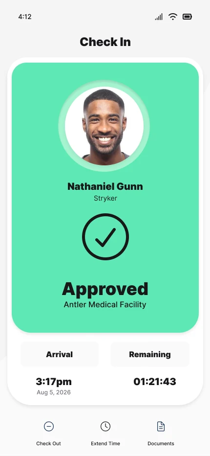Approved check-in at Antler Medical Facility with arrival and remaining time
