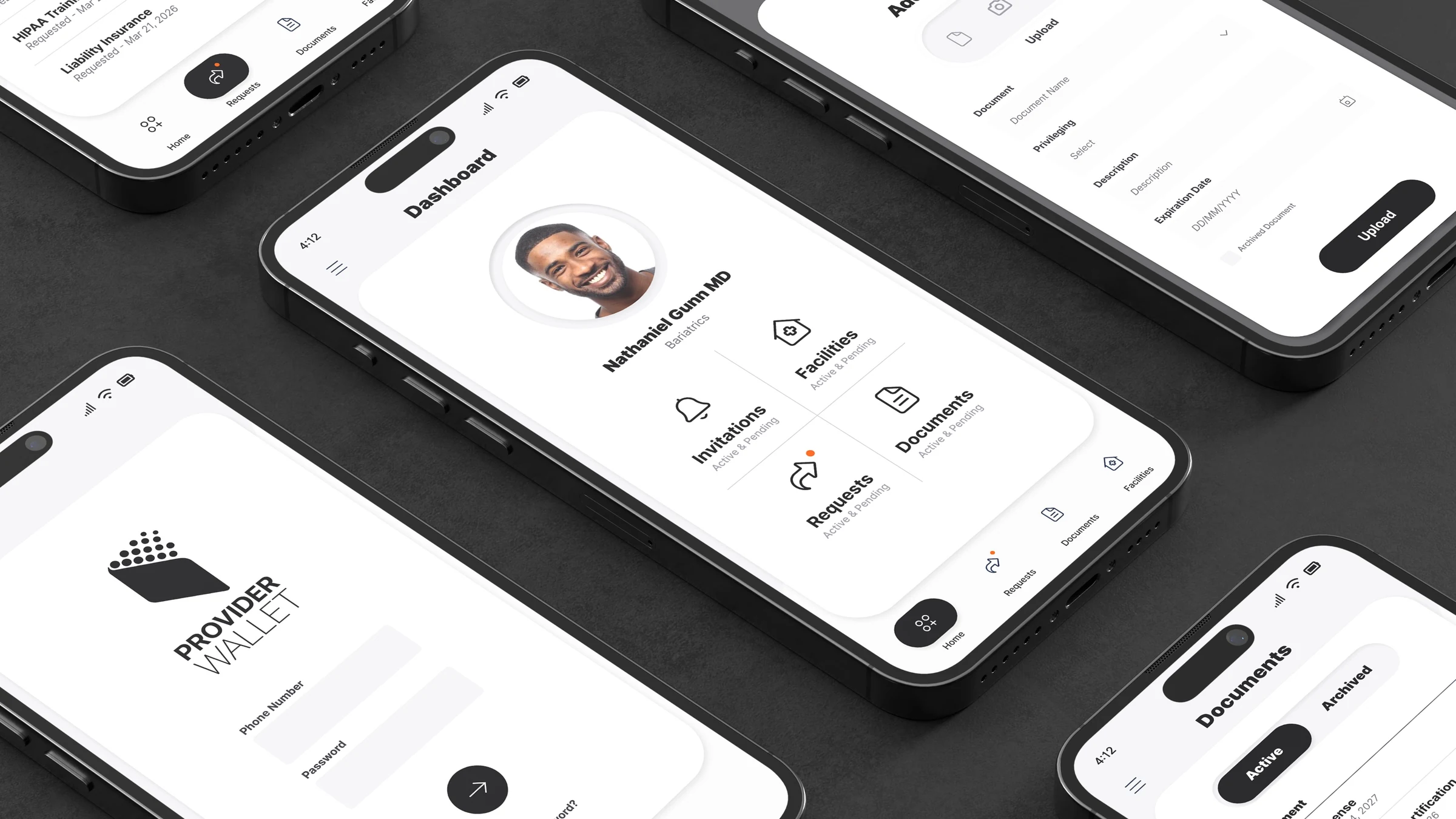 Provider Wallet dashboard, credential requests, document upload, and sign-in screens shown on phones
