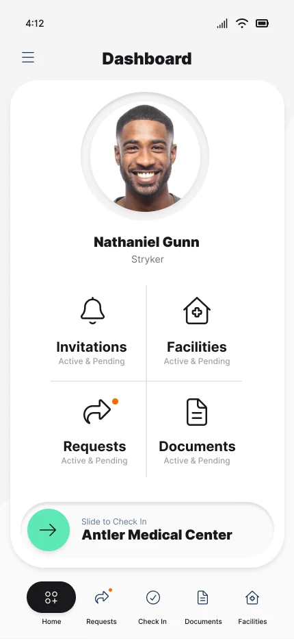 Dashboard with vendor profile, four task tiles, and Slide to Check In