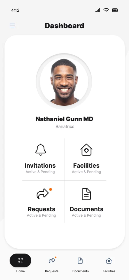 Dashboard with provider profile and four destinations