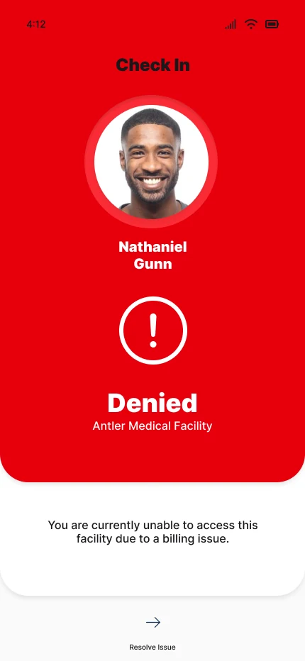 Denied access state explaining a billing issue with a Resolve Issue action