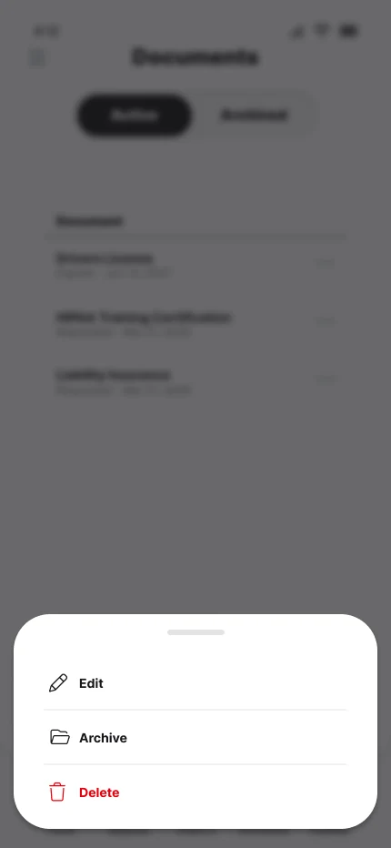Document action sheet with Edit, Archive, and Delete