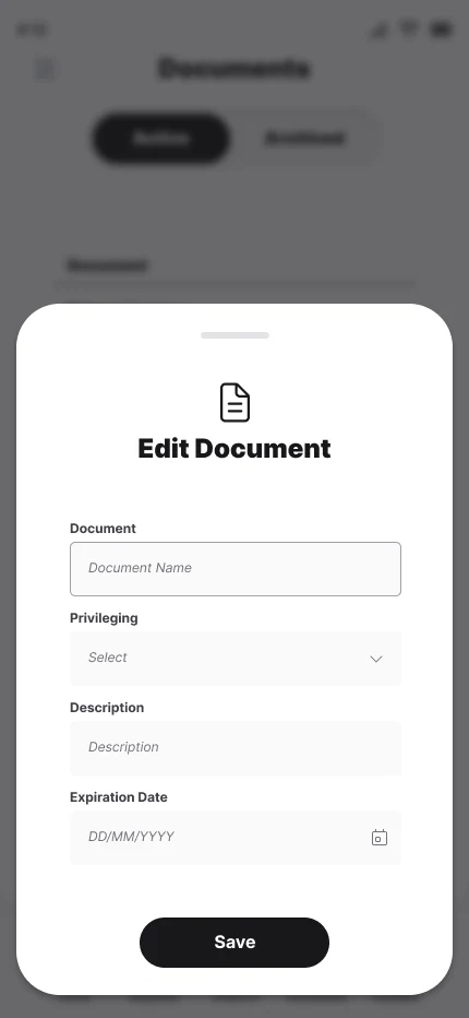 Edit Document sheet over the dimmed Documents screen
