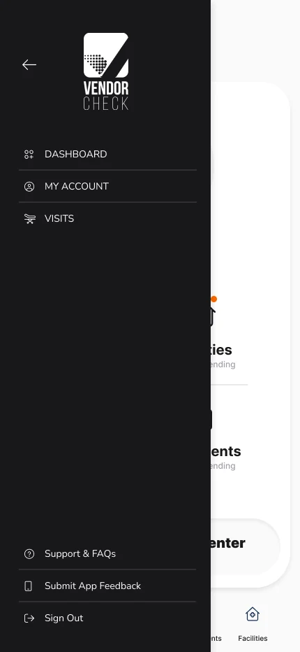 Dark navigation drawer with account, visits, support, and sign out