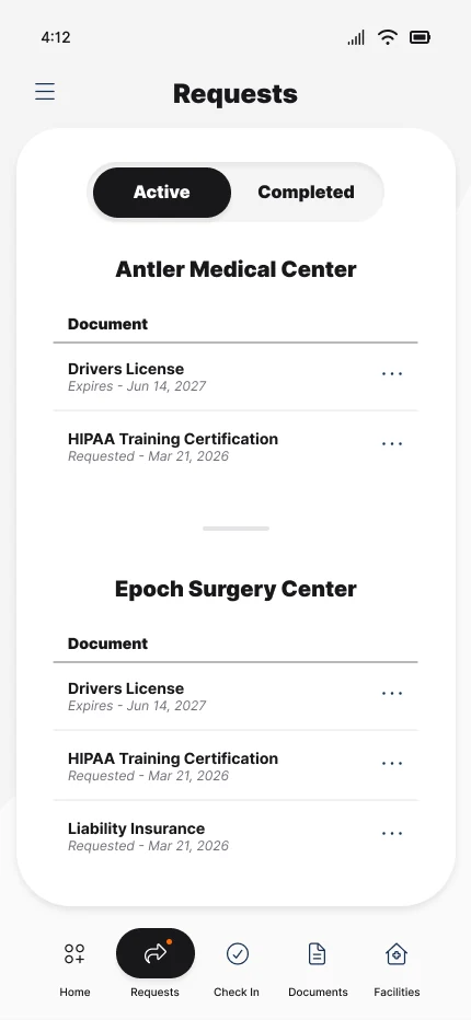 Requests list grouped by facility with Active / Completed filter