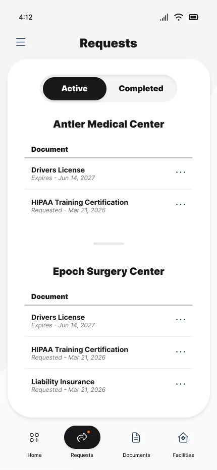 Requests list grouped by facility with Active / Completed filter