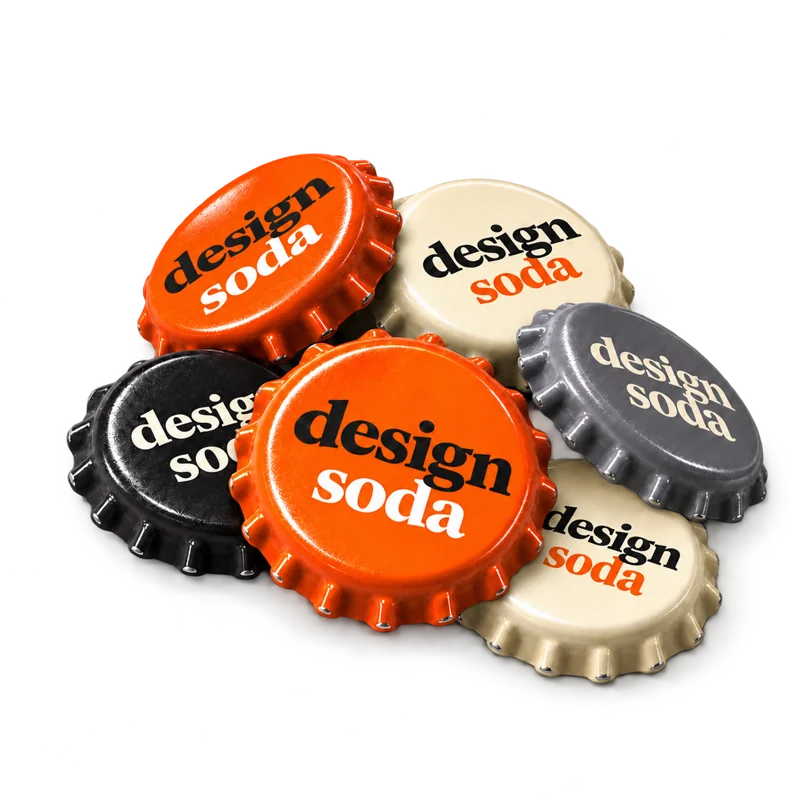 A pile of orange, cream, charcoal, and gray designsoda bottle caps with soft shadows underneath