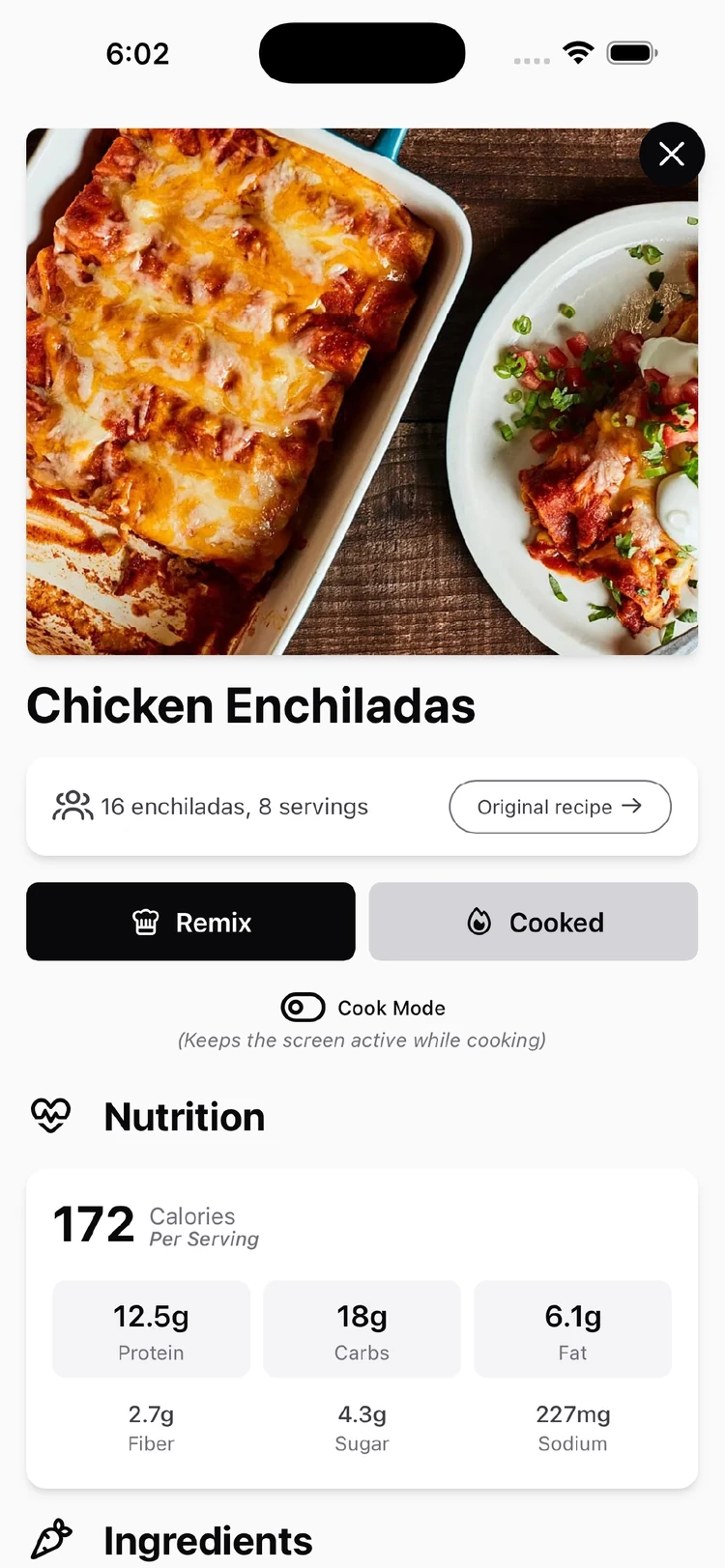 iPhone Chicken Enchiladas recipe with servings, original source, Remix and Cooked actions, cook mode, and nutrition information
