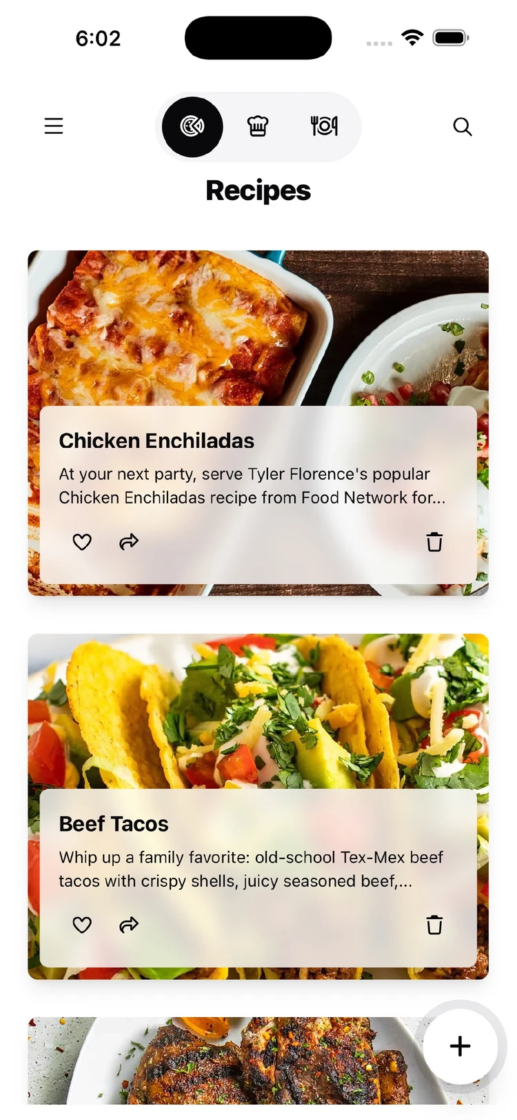 iPhone recipe collection with Chicken Enchiladas and Beef Tacos, search, favorite and share actions, and a floating add button