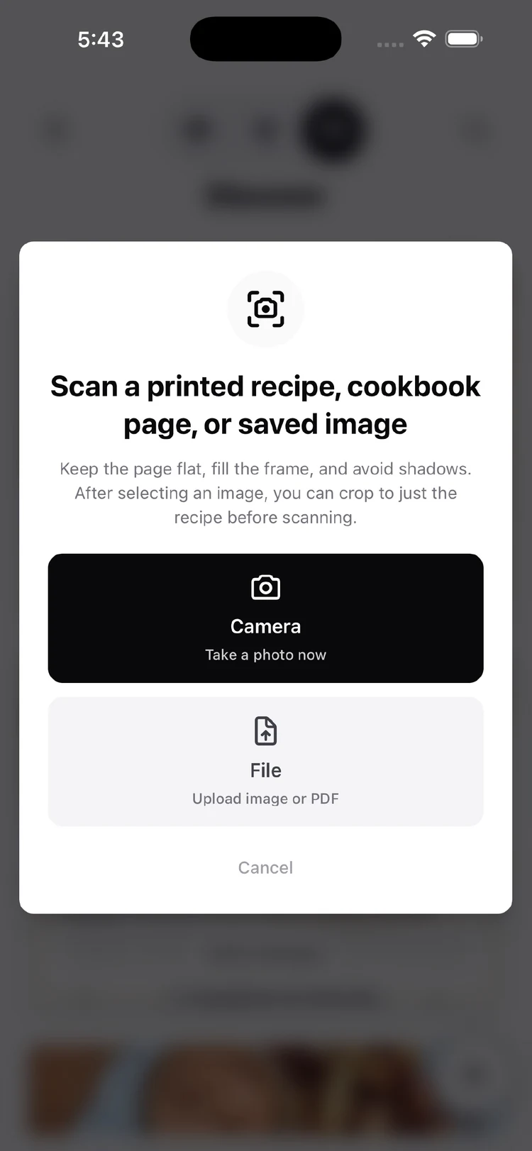 iPhone scan dialog with guidance for photographing a recipe and separate Camera and File options